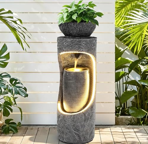 40" Outdoor Water Fountain with Birdfeeder and Innovative LED Strip