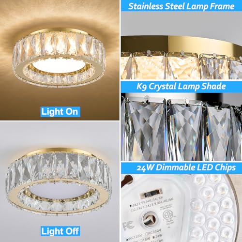 11 Inch Gold Luxury Crystal Flush Mount Ceiling Light Fixture
