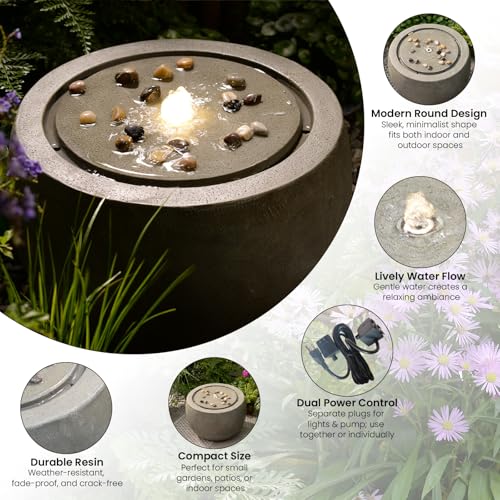 Garden Water Fountain Outdoor Large Round Bubbler Water Feature Indoor with Lights & Pump and Pebbles Concrete Effect for Patio Pool Pond Yard Home Decor Gray