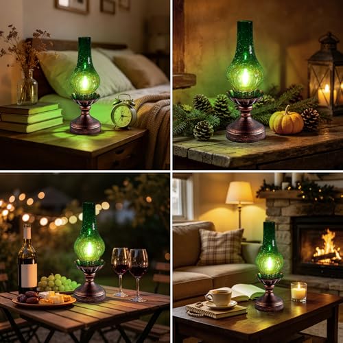 Vintage Table Lamp with Green Crackle Glass Shade