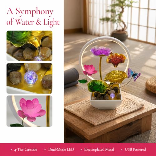Tabletop Fountain Metal Lotus Indoor Fountain Water Feature for Zen Home Office Fengshui Decor Warm Light