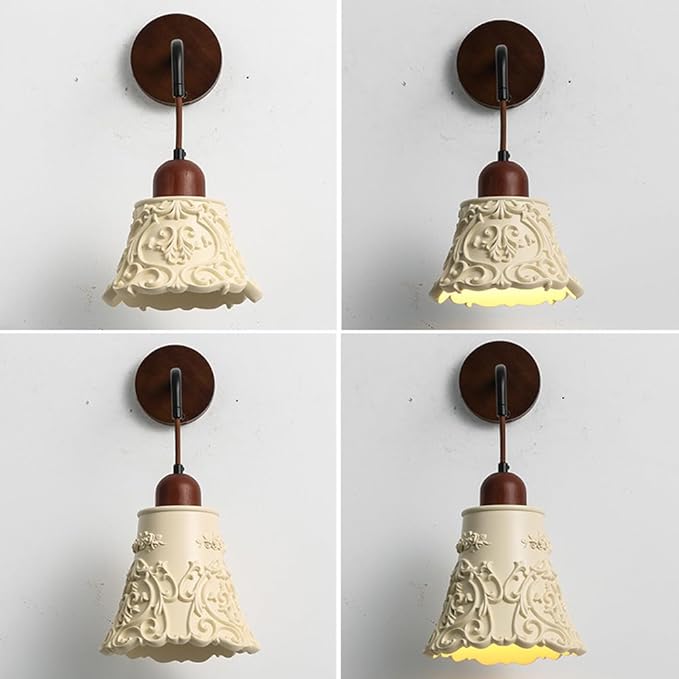 Modern Resin Wall Sconce Lighting Nordic Solid Wood Wall Lamp Wabi Sabi Cream Yellow Home Decor Lighting Fixture Cream Yellow Floral Finish, Japanese Style Walnut Wood Art Wall Sconces