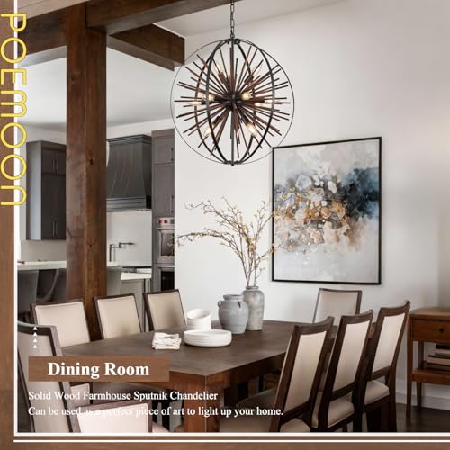 24" 12 Light Black Sputnik Chandelier Solid Wood Hanging Light