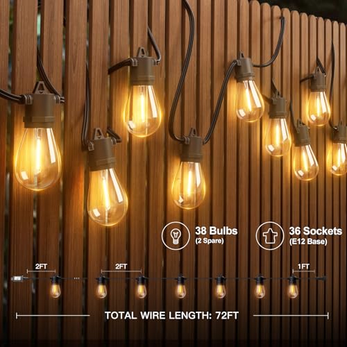 72FT Outdoor String Lights with 36 Dimmable Edison Bulbs for Patio (72 Foot)