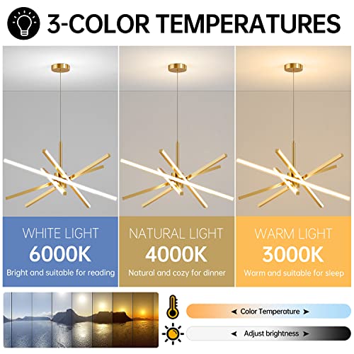 Modern Sputnik Chandelier Ceiling 82W LED Gold Pendant Light Embedded Mount Chandeliers Dining Room Light Fixtures Over Table Dimmable with Remote Control for Living Room Kitchen Bedroom 31.5 inches