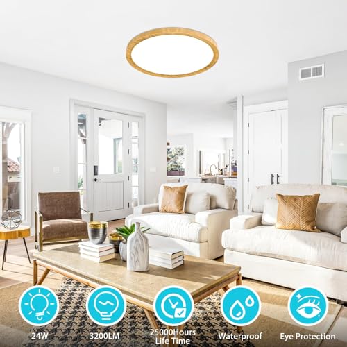 12Inch 28W Wood LED Flush Mount Ceiling Light