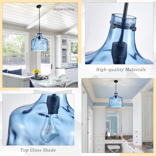 16" Farmhouse Blue Hammered Glass Pendant Light