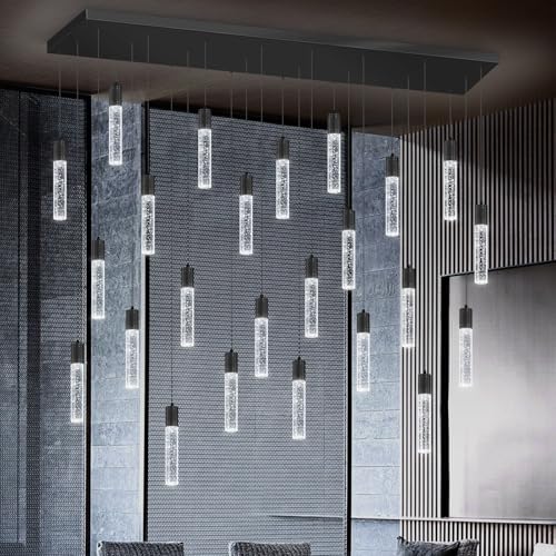 24 Lights Modern Crystal Chandeliers LED Pendant Light for Kitchen Island Dining Room Entrance Foyer Living Room 6000K Black