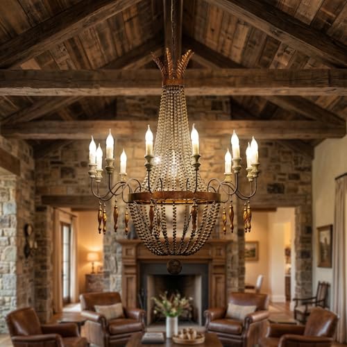 12 Light French Country Wood Beaded Chandelier