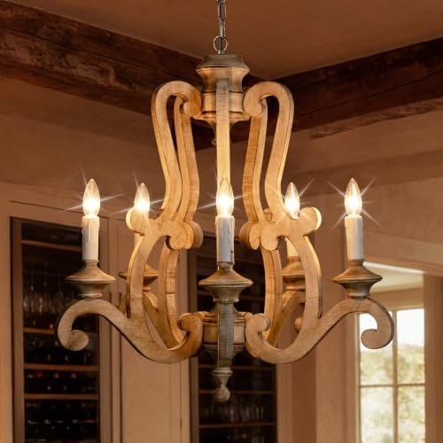 5 Light Farmhouse Distressed Wood Chandelier for Dining Room