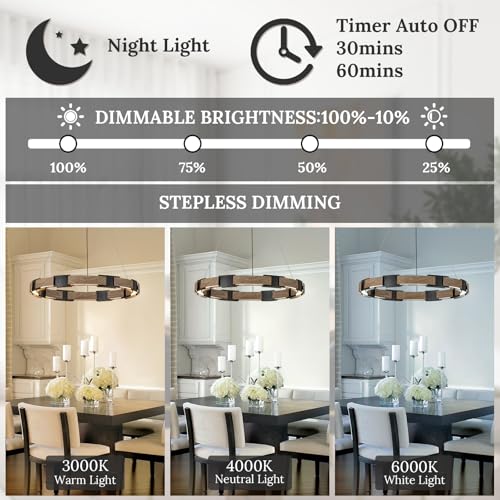 LED Ring Chandelier Dimmable Black Wood Chandeliers for Dining Room