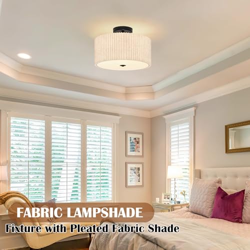 3 Light Semi Flush Mount Ceiling Lights Fixture 16 Inch Drum Light Fixture Drum Ceiling Lights with Pleated Fabric Shade Black Close to Light Fixtures for Hallway Living Room