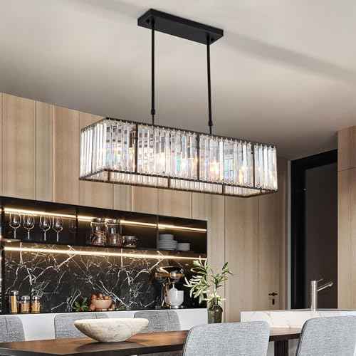 Modern Rectangular Crystal Chandelier, 5 Lights Black Rectangle Raindrop Chandelier Lighting, Industrial Linear Pendant Ceiling Light Fixture for Dining Living Room Kitchen Island L33.5''