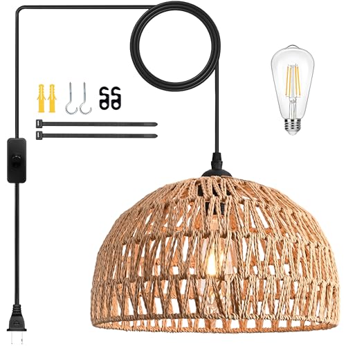 Brown Rattan Light Fixture 15ft Plug In Pendant Light Woven Pendant Light Boho Chandelier Wicker Pendant Light Boho Pendant Light Plug In for Dining Room Kitchen Island Bedroom