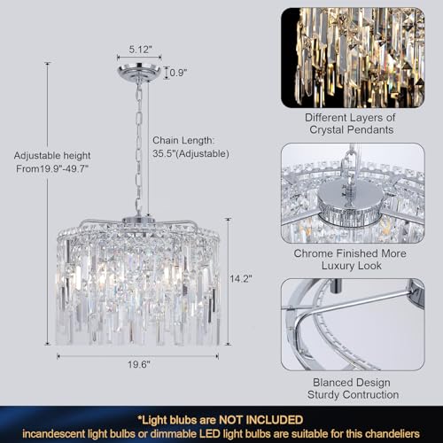 Round Crystal Chandelier Modern 20" Drum Chandelier with Chain Chrome Adjustable K9 Raindrop Crystal Ceiling Pendant Fixtures 2 Tiers for Dining Room Bedroom Living Room