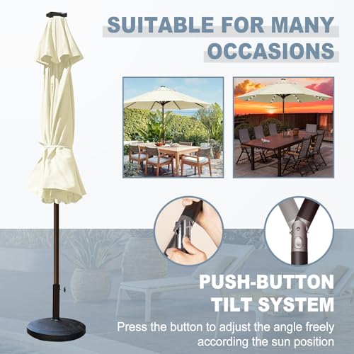 USA 10-Year-Non-Fading 10ft Market Patio Umbrella, Commercial Grade Table Sun Umbrella with 80 Solar LED Lights, Crank Open, Windproof & UPF 50+ UV Protection for Garden, Deck, Pool, Backyard, Natural
