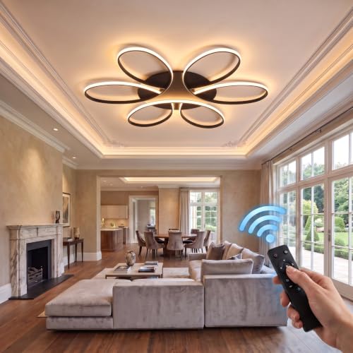 Modern LED Ceiling Light Fixture Black Flush Mount Ceiling Lamp with Remote Control Dimmable 6 Rings Flower Shaped Ideal for Living Room Bedroom Dining Room Kitchen