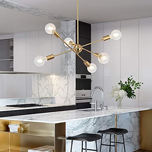 Modern Sputnik Chandelier Lighting 6 Lights Brushed Brass Chandelier Mid Century Pendant Lighting Gold Ceiling Light Fixture for Hallway Bar Kitchen Dining Room