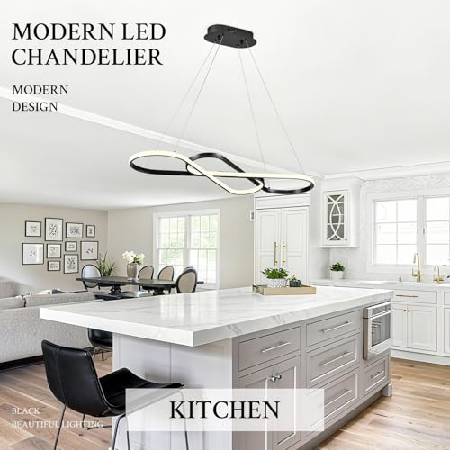 Modern LED Chandelier Black Dimmable LED Pendant Light for Dining Room Light Fixture Over Table Modern Kitchen Island Lighting High Ceiling with Remote for Living Room