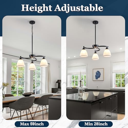 3 Lights Modern Chandelier Light Fixture Matte Black Retractable Round Chandelier Rustic Hanging Lamp Adjustable 59" Max Pendant Ceiling Light for Kitchen Island Dining Room Table Hallway