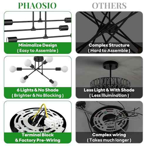 Black Sputnik Chandelier 6 Light, 22" Mid Century Modern Ceiling Light Fixture, Industrial Semi Flush Mount for Dining Room Bedroom Kitchen, E26 Base