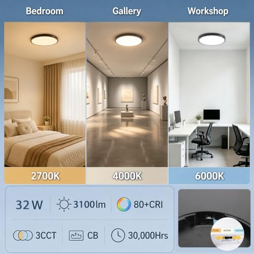 16in 32W 3CCT Commercial LED Flush Mount Ceiling Light Black (Black)