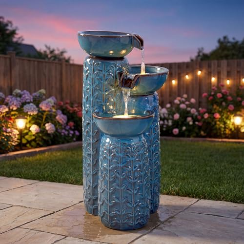 28" Ceramic Outdoor Water Fountain with LED Lights