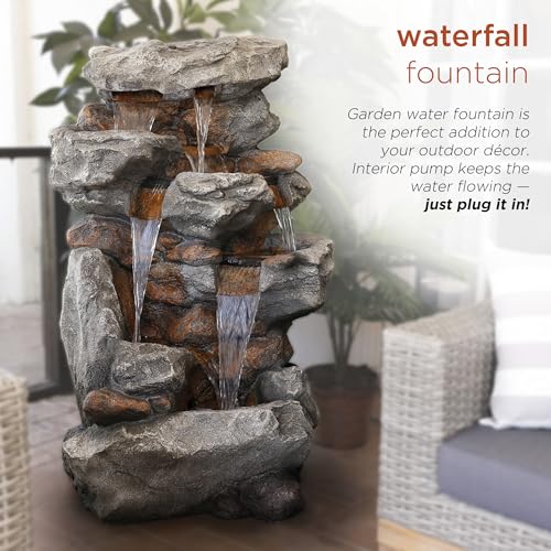 WIN730 Outdoor Floor Tiered Rock Waterfall Fountain with LED Lights and Natural Stone Look