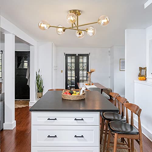 Mid Century Modern Gold Sputnik Flush Mount Ceiling Light Antique Brass Ceiling Lights 6 Light Amber Glass Chandelier Small Living Room Globe Ceiling Light