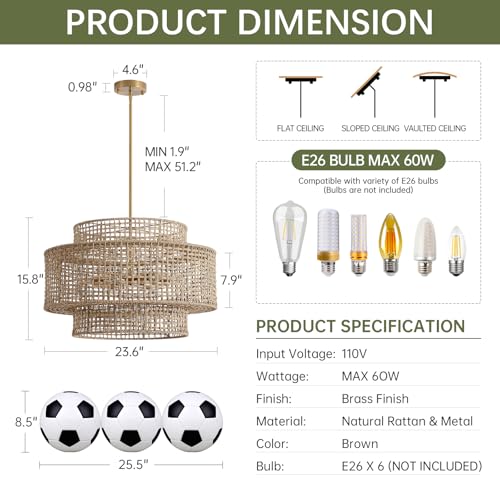 24" Rattan Chandelier for Dining Room