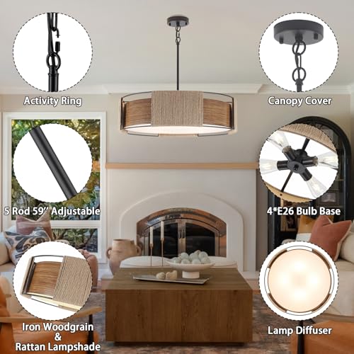 23.62'' Rattan Chandeliers Farmhouse Drum Chandelier for Dining Room
