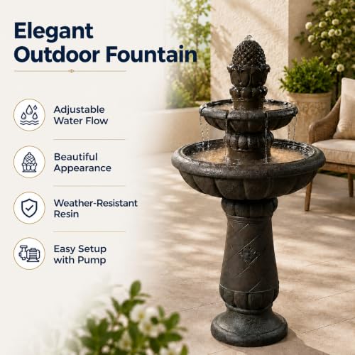 Deluxe Pineapple Pedestal 2 Tiered Floor Waterfall Fountain with Pump for Outdoor Patio Garden Backyard Decking