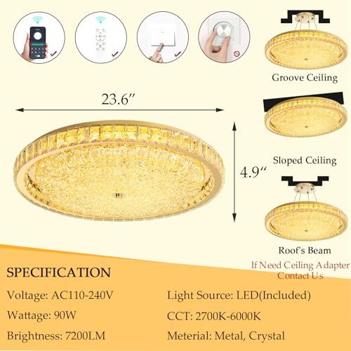 24" Modern Crystal Chandelier Dimmable LED Flush Mount Ceiling Light with Remote Control for Bedroom Hallway Dining Room Gold