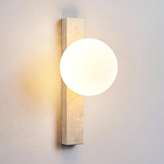 Yellow Travertine Stone Wall Sconce, Natural Marble Wall Lamp with Glass Lampshade, Japanese Style Wabi Sabi Wall Light Fixture for Bedside Bedroom Living Room Hallway Entryway