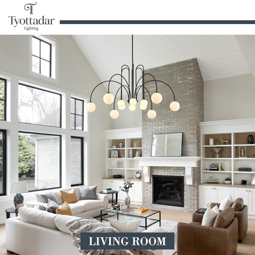12 Light Large Black Sputnik Chandelier L52’’ Large Mid Century Pendant Light Fixture with Milk Glass Globe Shades Luxury Foyer Chandelier for High Ceiling Staircase Living Room Dining Room