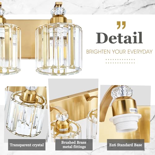 4 Lights Brushed Brass Bathroom Light Fixture Gold Vanity Lights Modern Crystal Bathroom Vanity Lighting Over Mirror Wall Sconce with K9 Crystal Shade E26 Base for Living Room
