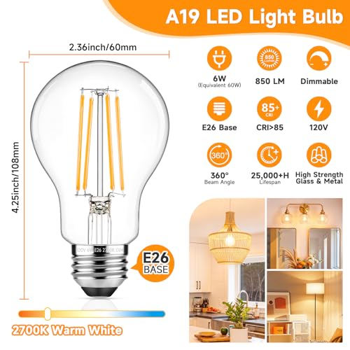 A19 Vintage LED Edison Bulbs Dimmable 60W Equivalent High Brightness (4 Count)