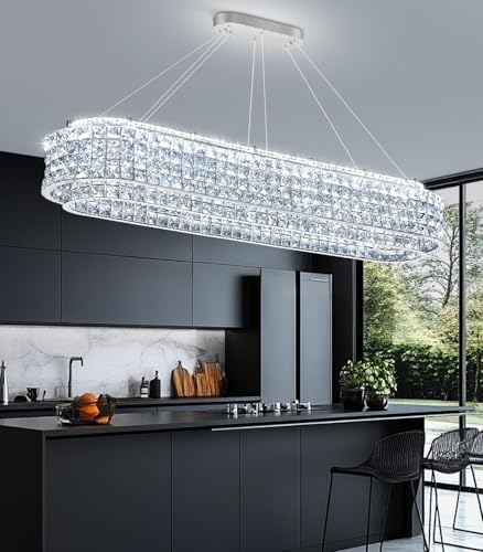 L47 x W12 Modern Chandeliers for Dining Room LED Dimmable Pendant Lighting Ceiling Chandelier Crystal Rectangle Light Fixtures Silver