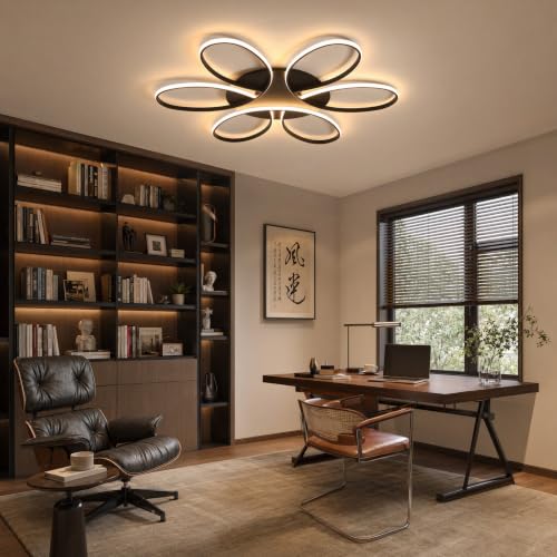 Modern LED Ceiling Light Fixture Black Flush Mount Ceiling Lamp with Remote Control Dimmable Rings Flower Shaped Ideal for Living Room Suite Bedroom Leisure Study Room Kitchen