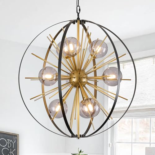 24" 9 Light Black Gold Sputnik Chandeliers with Smoke Glass Shade