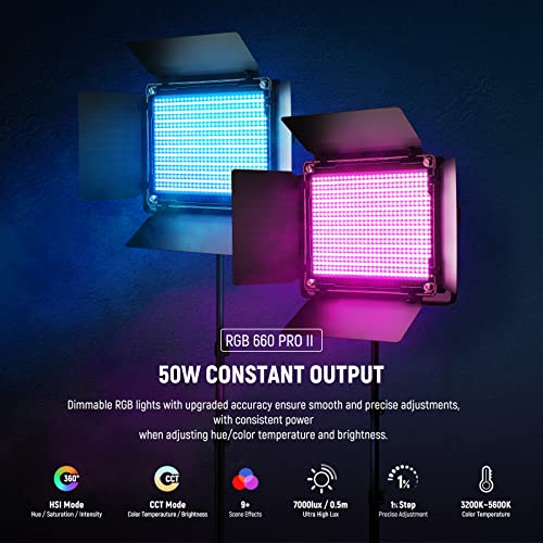 Upgraded 660 PRO II RGB LED Video Light w App Control Tripod Stand (2 Count)