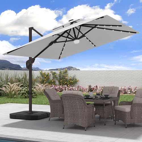 9x9 FT Cantilever Offset Patio Umbrella with Lights & Base