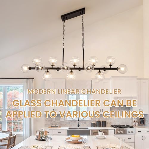Black Rectangle Chandelier Modern Chandelier Glass Pendant Light Fixture Adjustable for Dining Living Room Kitchen Island 16 (16 Count)