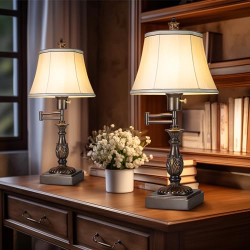 350° Swing Arm Table Lamp Set of 2 with USB Ports for Bedroom