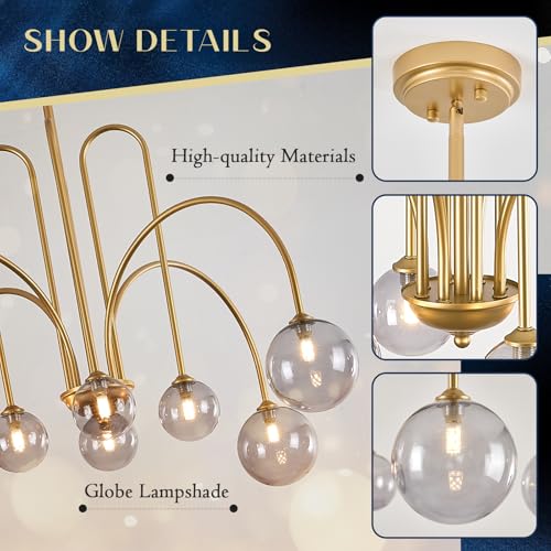 Gold Sputnik Chandelier with Smoke Glass Globe 8 Lights L41 Inch