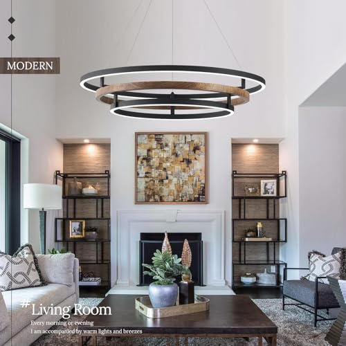 3 Ring LED Chandelier Modern Chandeliers Walnut Wood Black Dimmable 31''
