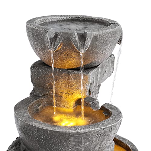 33.25 in. Cascading Bowls and Stacked Stones LED Outdoor Water Fountain for Gardens