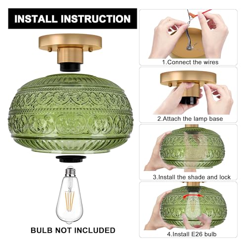 Vintage Green Semi Flush Mount Ceiling Light for Hallway Kitchen Bedroom