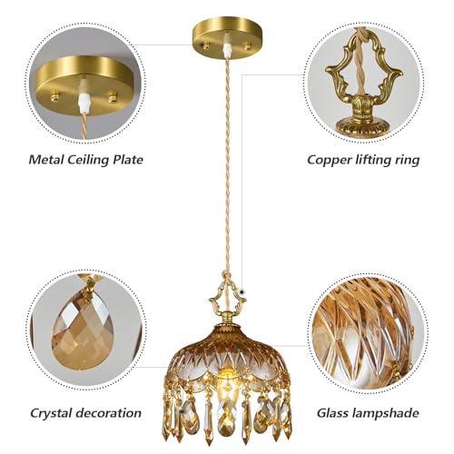 Brass Vintage Glass Pendant Light Crystal Hanging Light Fixtures (2 Count)