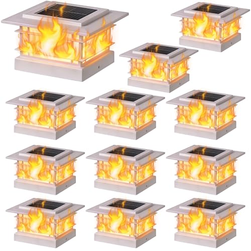 4x4 Solar Post Cap Lights Outdoor with Flickering Flame Light (12 Count)